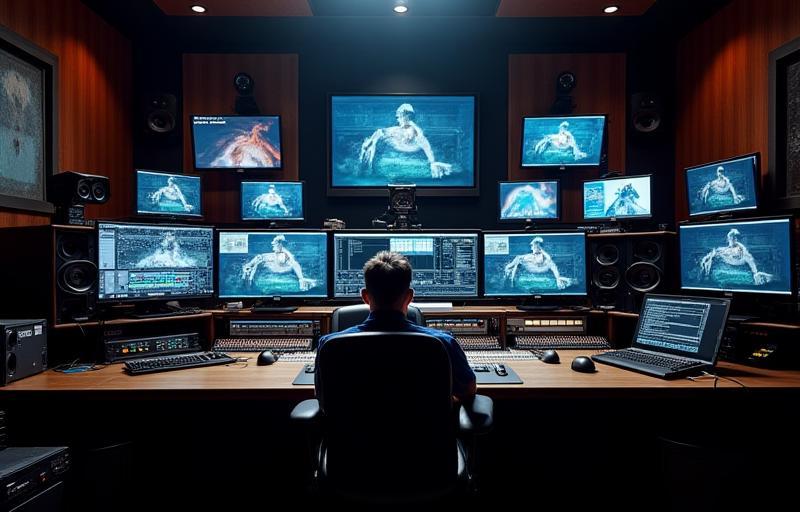 Control room or post-production suite with multiple monitors and equipment
